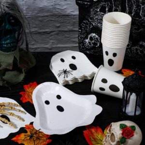 Fuutreo 96 Pcs Halloween Ghost Party Tableware Supplies Including 48 Pcs Halloween Guest Napkins 24 Pcs Ghost Shaped Plates 24 Pcs 9 oz Disposable Ghost Paper Cups Serve for 24 Guests Halloween Party