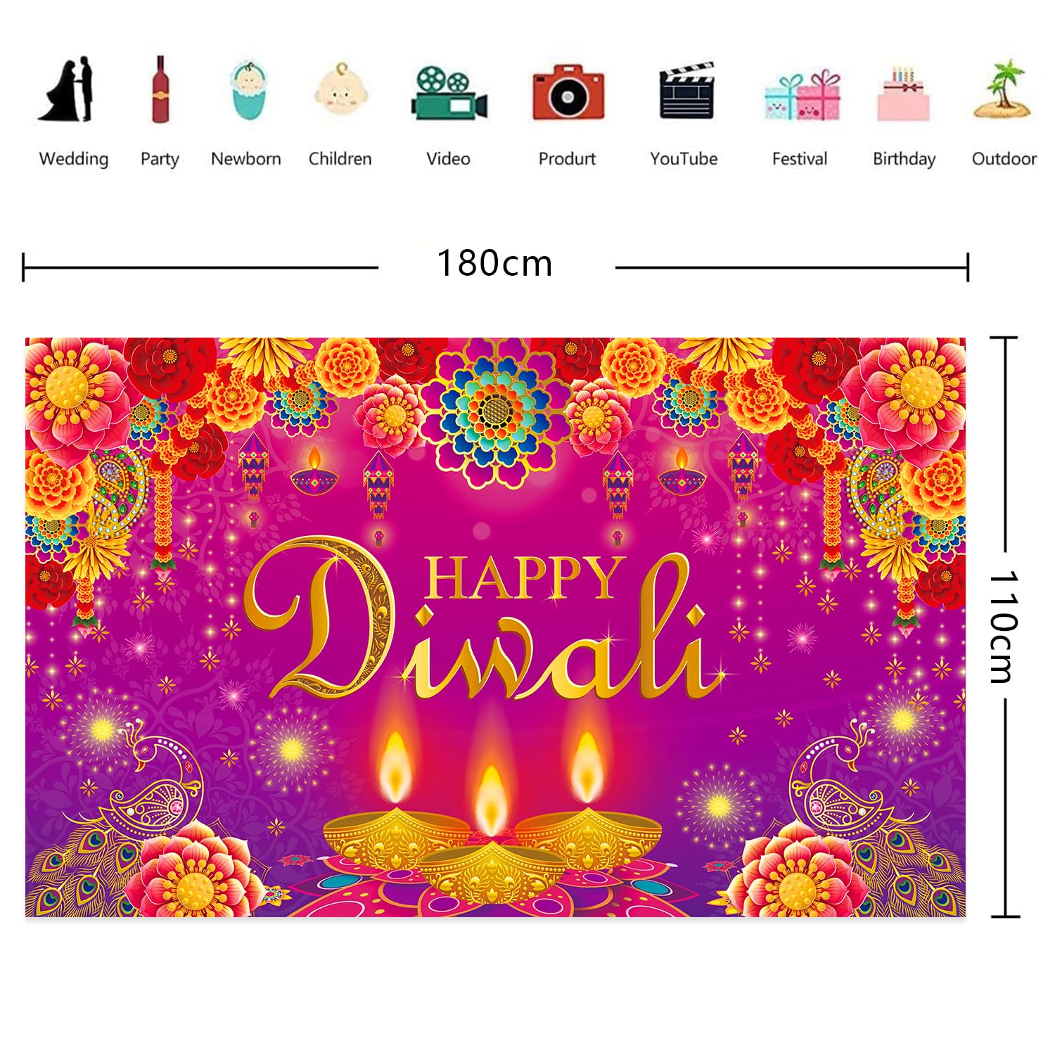 Diwali Backdrop Banner, Happy Diwali Decorations for Home Indian Festival of Lights, Diwali Photo Background for Indian Light Celebration Party Supplies, 71 x 43 Inch