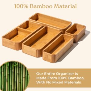 SMIRLY 5-Piece Bamboo Kitchen Drawer Organizer Set for Large and Small Utensils, Multi-use Storage Box - Bathroom, Nightstand, Jewelry, Cutlery, Knife, Spice, Towel, Junk Drawer Tray