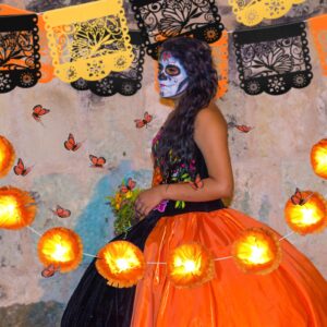 Riceshoot 21 Pcs Day of The Dead Decorations for Dia De Los Muertos Include 3 Pcs 4.9 ft Artificial Marigold Garland with LED, 16 Pcs Monarch Butterfly Decorations, 2 Pcs 16.4 ft Mexican Party Banner