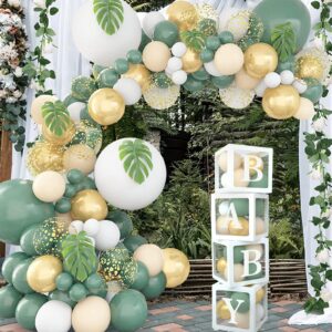 Sage Green Baby Shower Decorations - 4pcs Baby Boxes with Letters for Baby Shower,117pcs Sage Green and White Balloon Arch Kit for Safari Baby Shower Decor,Woodland Birthday Party Decorations