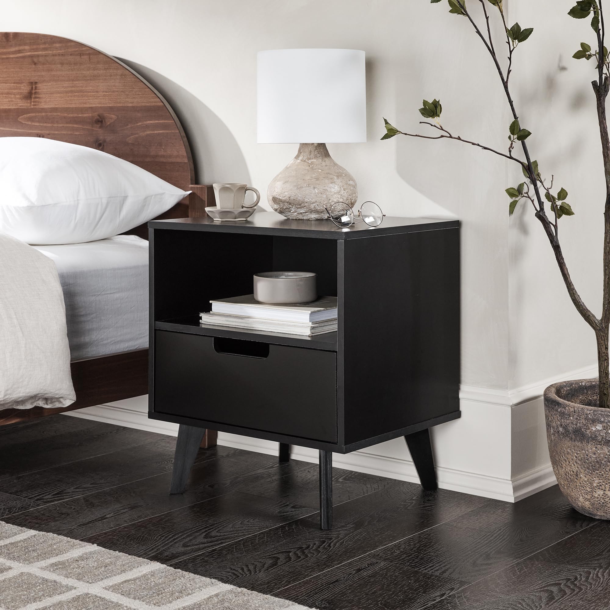 Walker Edison Raelyn Mid-Century Modern 1-Drawer Nightstand, 20 Inch, Black