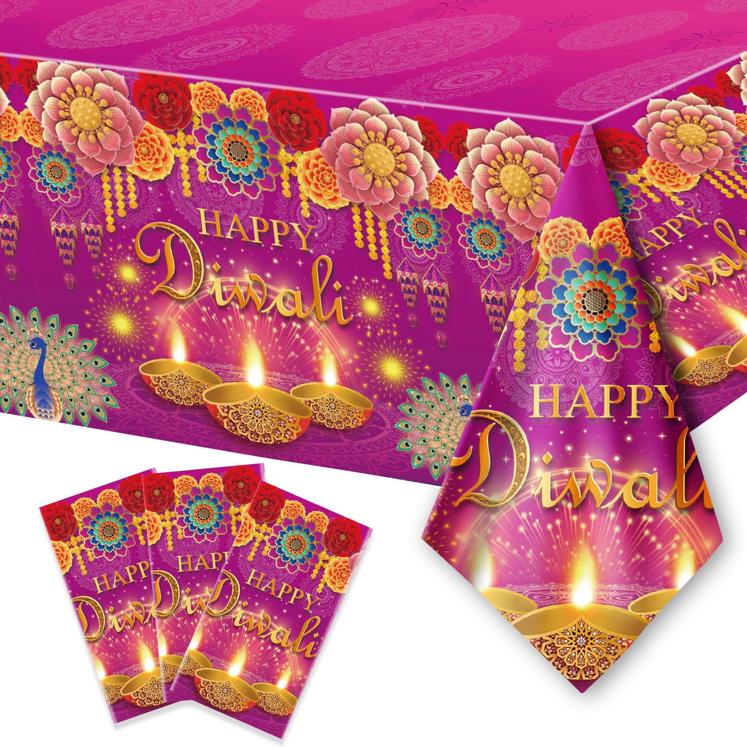 LARRAZABAL Diwali Tablecloths, Happy Diwali Table Covers for Indian Deepavali Festival of Lights, Rectangular Diwali Plastic Tablecloths Party Supplies