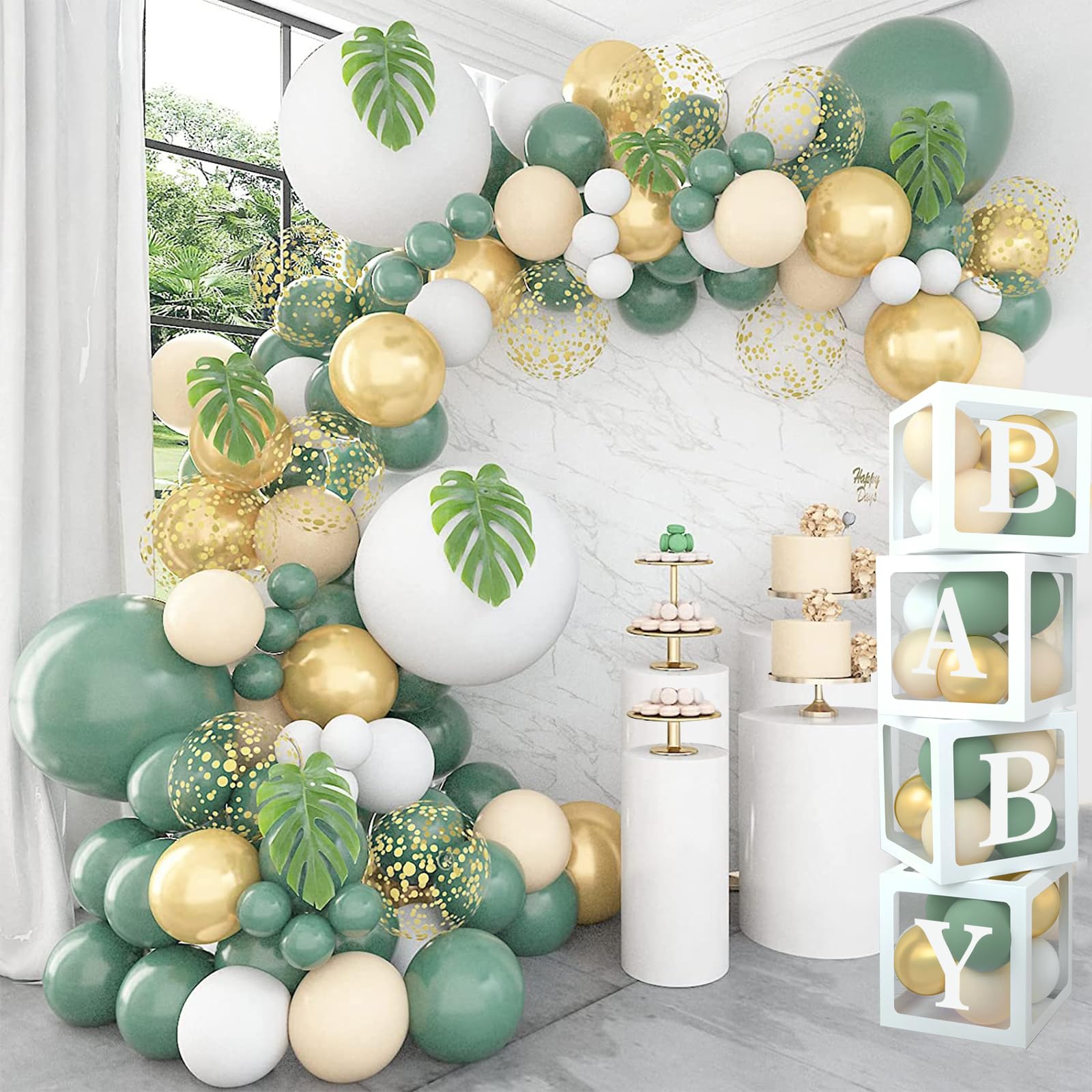 Sage Green Baby Shower Decorations - 4pcs Baby Boxes with Letters for Baby Shower,117pcs Sage Green and White Balloon Arch Kit for Safari Baby Shower Decor,Woodland Birthday Party Decorations