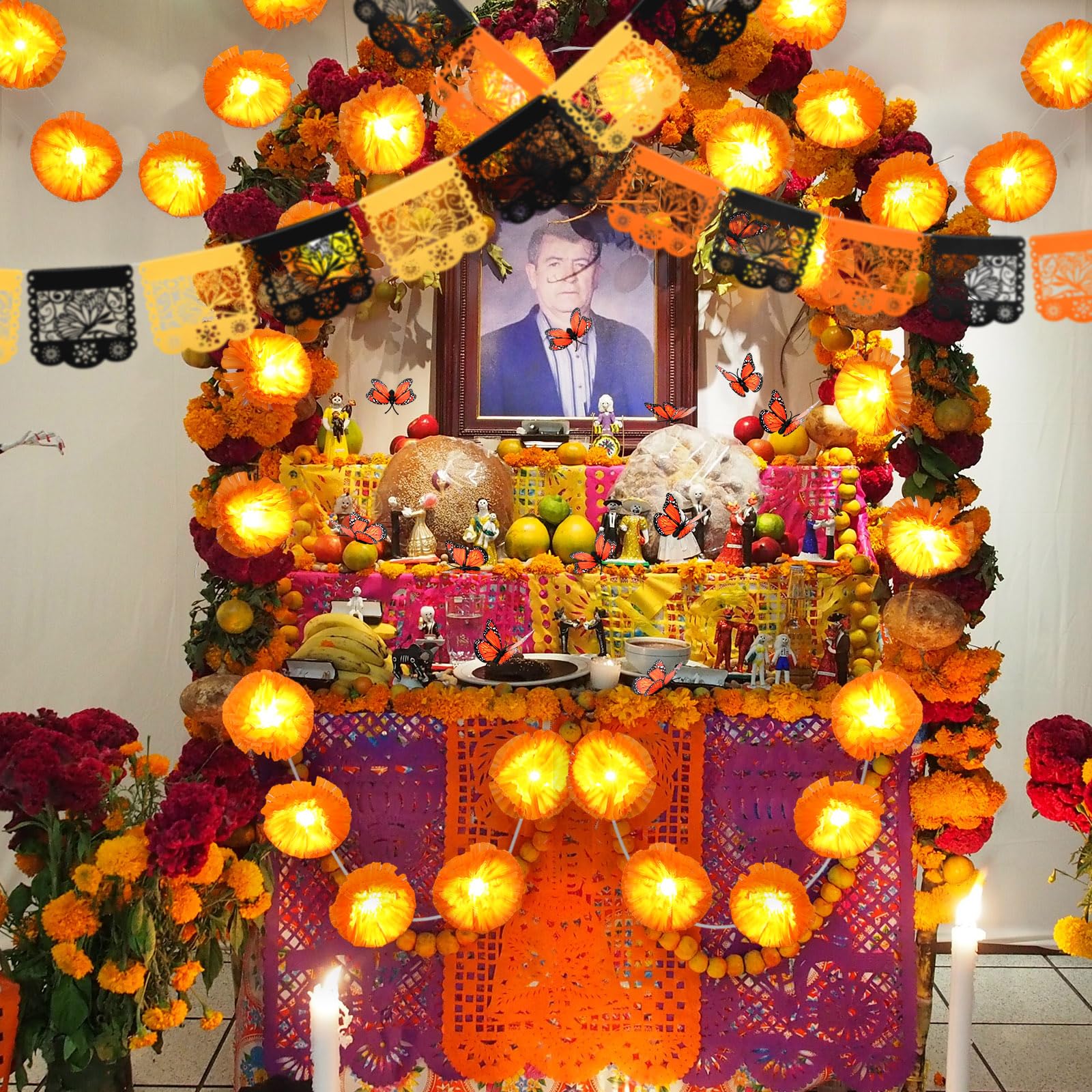 Riceshoot 21 Pcs Day of The Dead Decorations for Dia De Los Muertos Include 3 Pcs 4.9 ft Artificial Marigold Garland with LED, 16 Pcs Monarch Butterfly Decorations, 2 Pcs 16.4 ft Mexican Party Banner