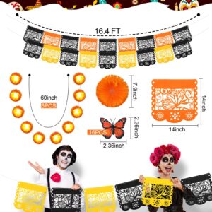 Riceshoot 21 Pcs Day of The Dead Decorations for Dia De Los Muertos Include 3 Pcs 4.9 ft Artificial Marigold Garland with LED, 16 Pcs Monarch Butterfly Decorations, 2 Pcs 16.4 ft Mexican Party Banner