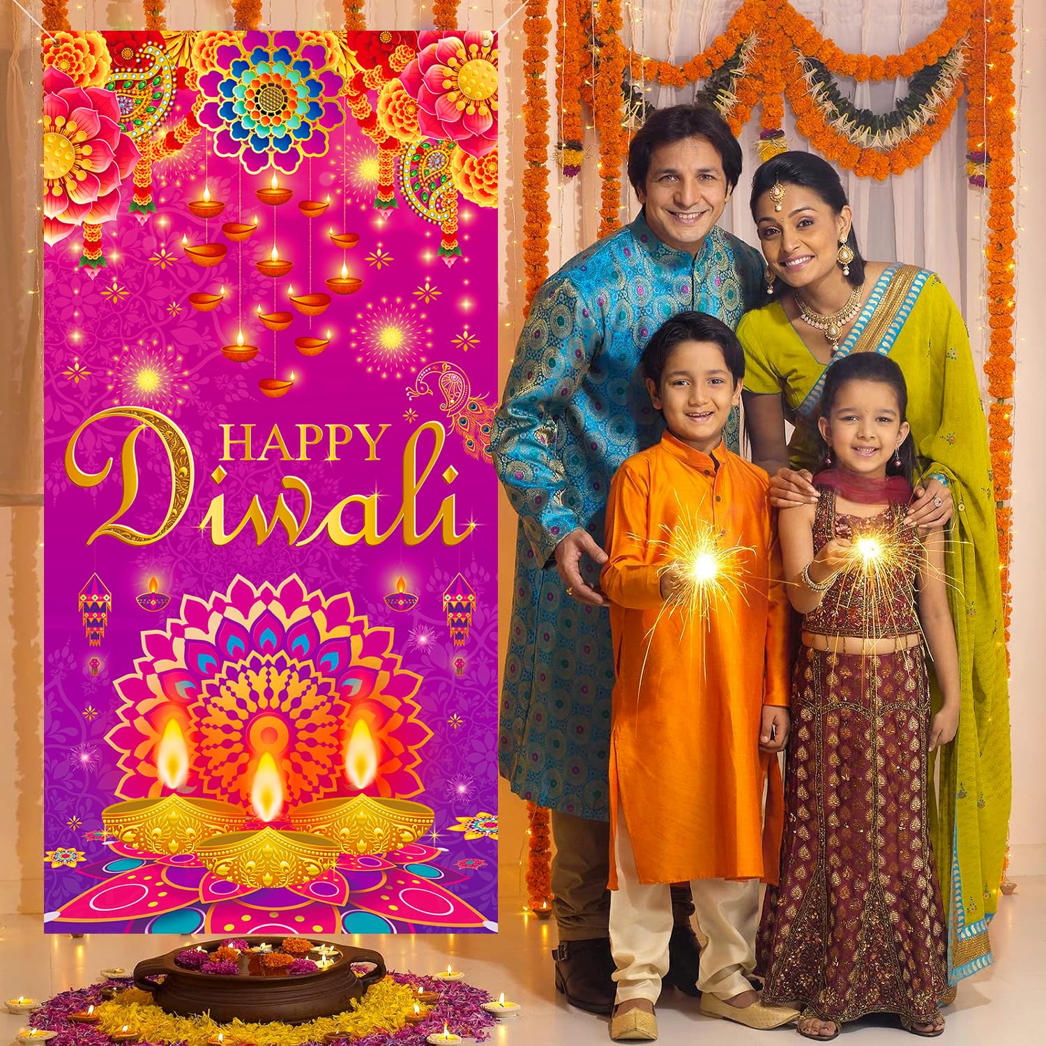 Diwali Door Cover Decorations, Happy Diwali Party Decorations Deepawali Indian Festival of Lights Hanging Banner, Diwali Party Supplies