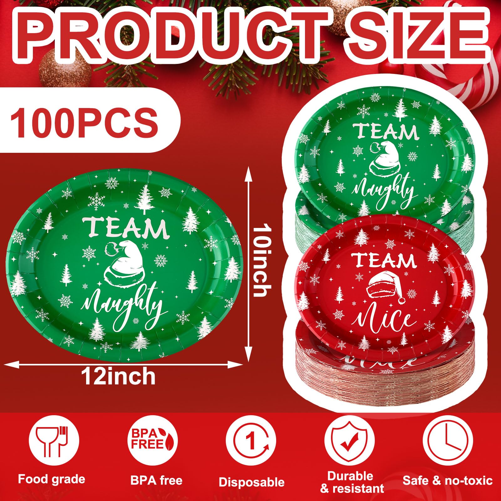 100 Pcs Christmas Paper Plates Christmas Party Decorations Team Naughty or Nice Disposable Oval Plates 10'' x 12'' Dinner Plates Christmas Gifts Bulk Disposable Plates Set for Christmas Holiday Party