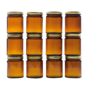 north mountain supply 9 ounce amber glass straight sided mason canning jars - with 70mm gold metal lids - case of 12