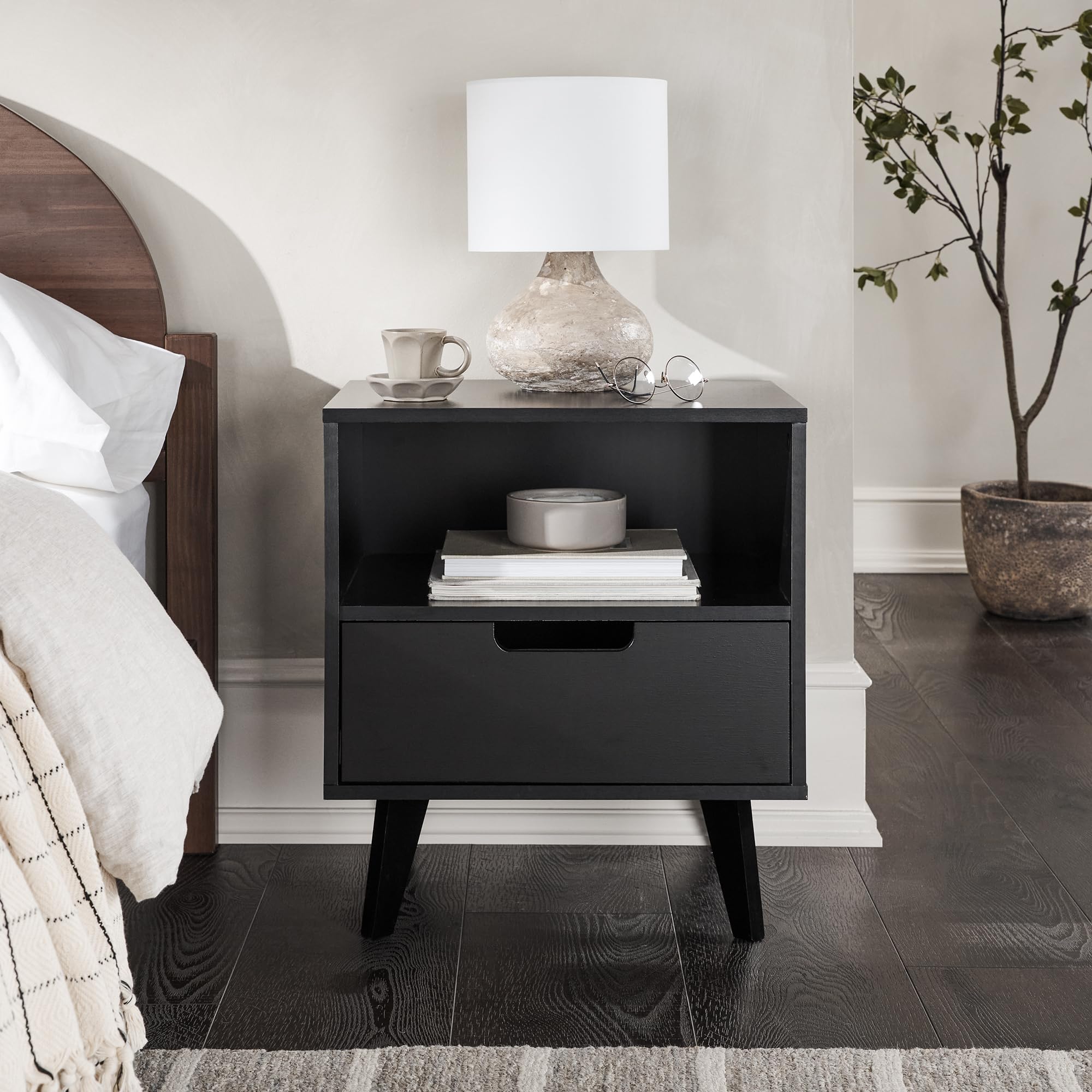 Walker Edison Raelyn Mid-Century Modern 1-Drawer Nightstand, 20 Inch, Black