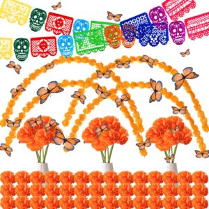 riceshoot 79 pcs day of the dead decoration, 16.4 ft 9 mexican party banners 4 pcs artificial marigold garland 24 pcs monarch butterfly decorations 50 pcs marigold flower heads for dia de los muertos