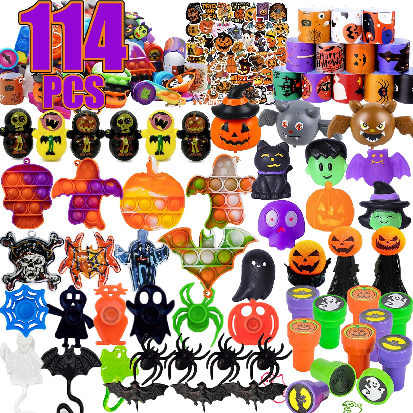 Sibucor 114 Pcs Halloween Party Favors Toys for kids,Pop Fidget Treat Bags Toys for Boys Grils,Treasure Box Toys,Classroom Prizes,Pinata Filler Goodie Bag Stuffers,Treasure Chest,Carnival Bulk Prizes