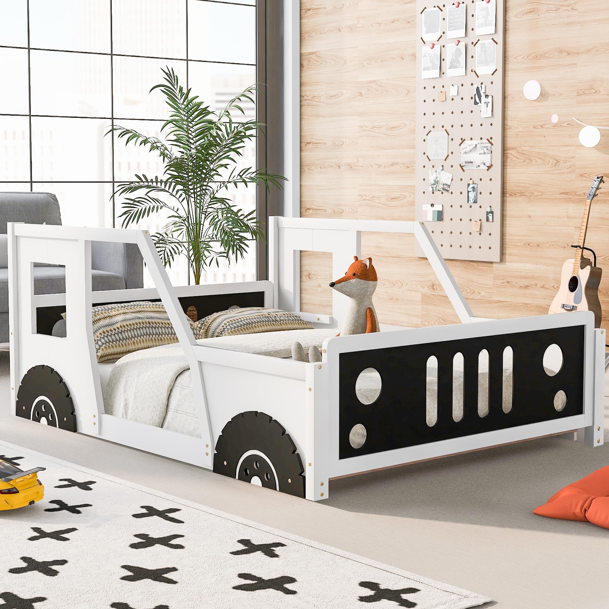 Full Size Car Bed, Wood Floor Bed Frame with Headboard & Footboard and 4 Side Rails, Kids Racecar Bed for Boys Girls Teens, White