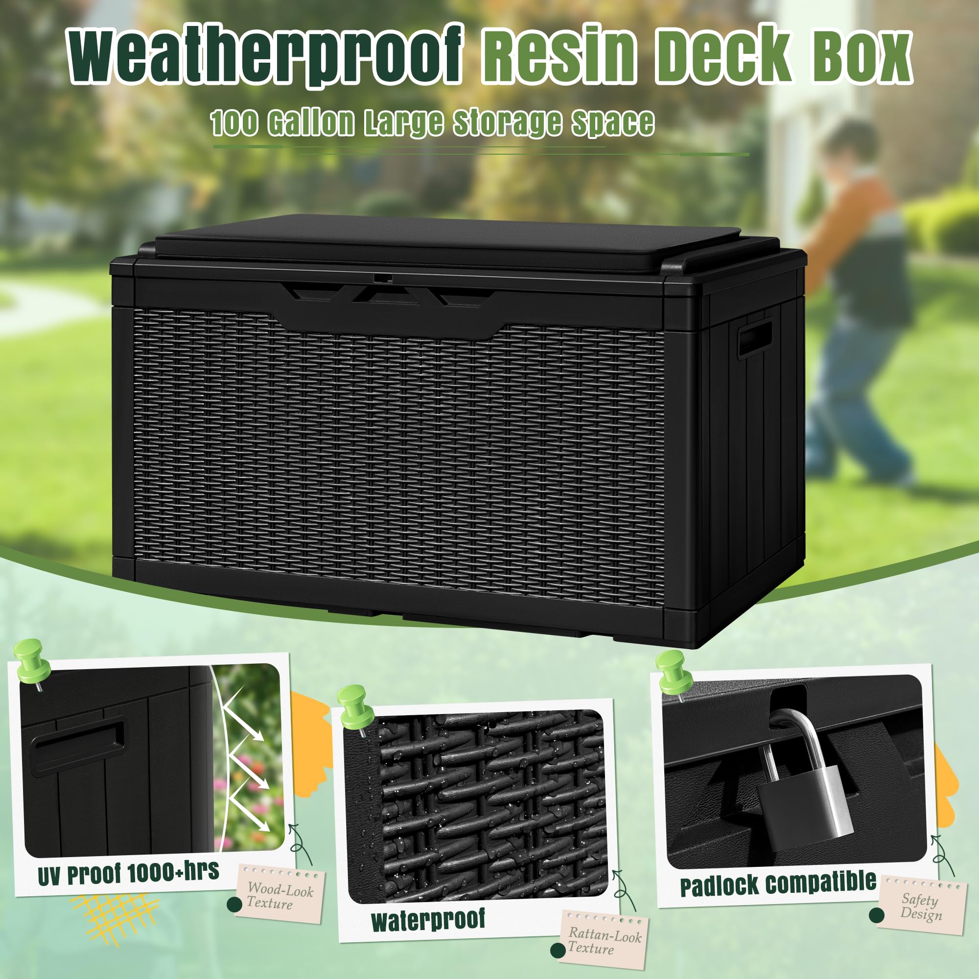 Greesum 100 Gallon Resin Deck Box Large Outdoor Storage with Cushions for Patio Furniture, Garden Tools, Pool Supplies, Weatherproof and UV Resistant, Lockable, Dark Black