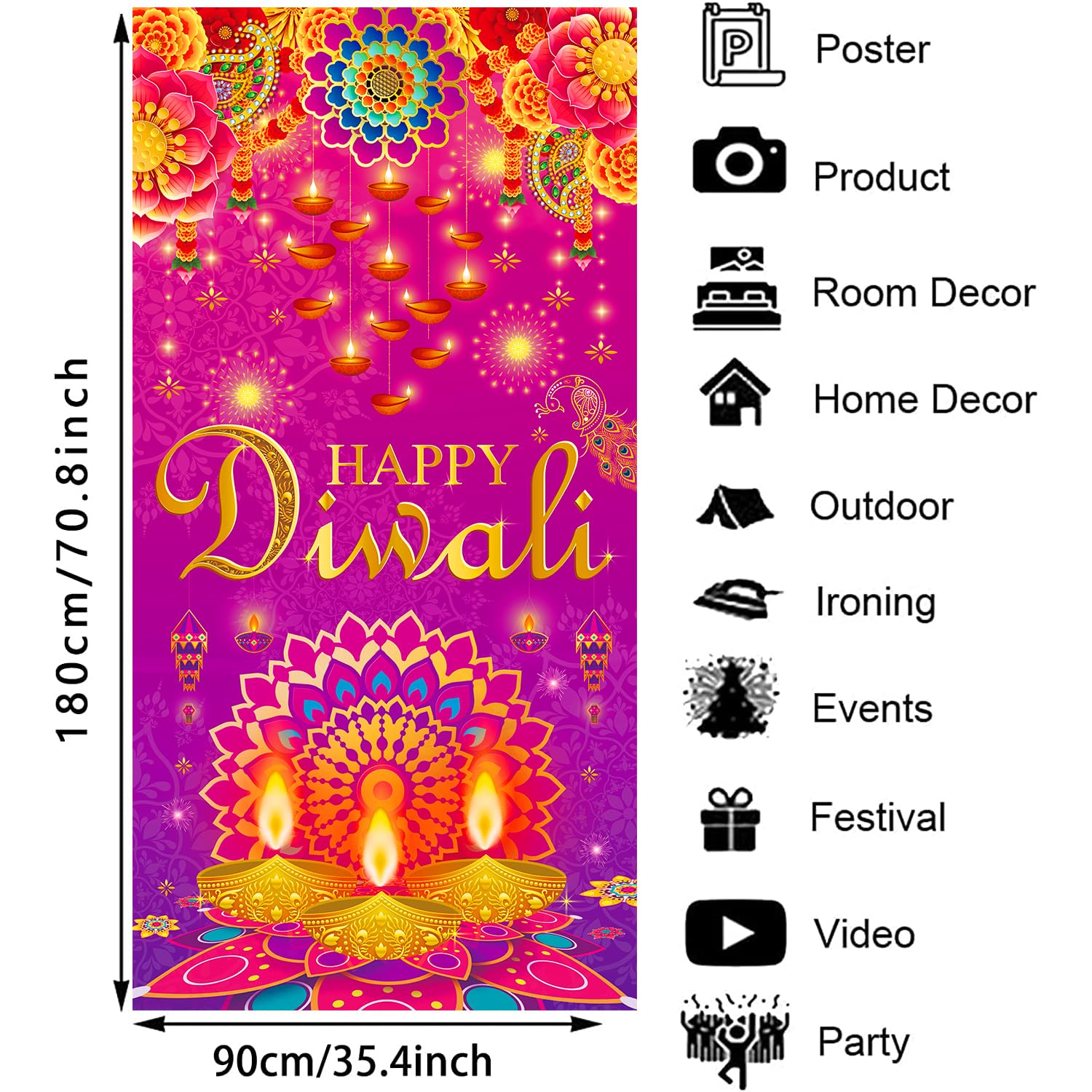 Diwali Door Cover Decorations, Happy Diwali Party Decorations Deepawali Indian Festival of Lights Hanging Banner, Diwali Party Supplies