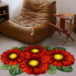 Abeigoi Sunflowers Rugs,Red Floral Thick Floor Carpet Handmade Absorbent Shaggy Rugs Sunflower Shaped Bath Rug for Bedroom Bathroom Shower/Doormat 27.5''x43.3''