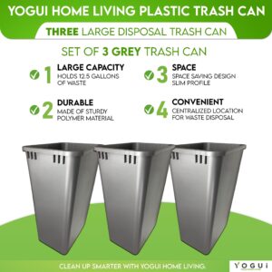 Yogui Home Living Plastic Trash Can - Indoor Garbage Bin for Kitchen, Home, Office and Commercial Use - Large Waste Disposal Tub, Plastic Waste Container- 12-Gallon (50 Quart - 3 Pack, Grey)