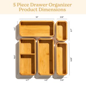 SMIRLY 5-Piece Bamboo Kitchen Drawer Organizer Set for Large and Small Utensils, Multi-use Storage Box - Bathroom, Nightstand, Jewelry, Cutlery, Knife, Spice, Towel, Junk Drawer Tray