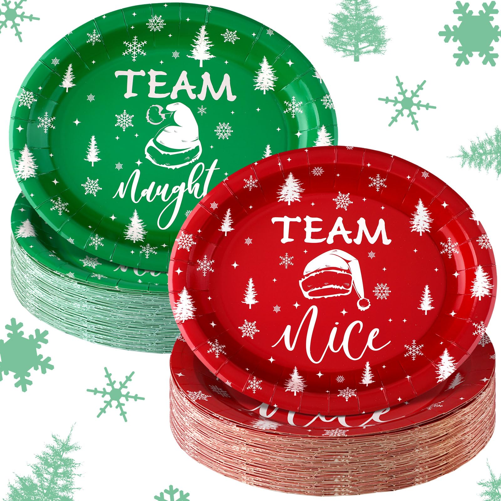 100 Pcs Christmas Paper Plates Christmas Party Decorations Team Naughty or Nice Disposable Oval Plates 10'' x 12'' Dinner Plates Christmas Gifts Bulk Disposable Plates Set for Christmas Holiday Party