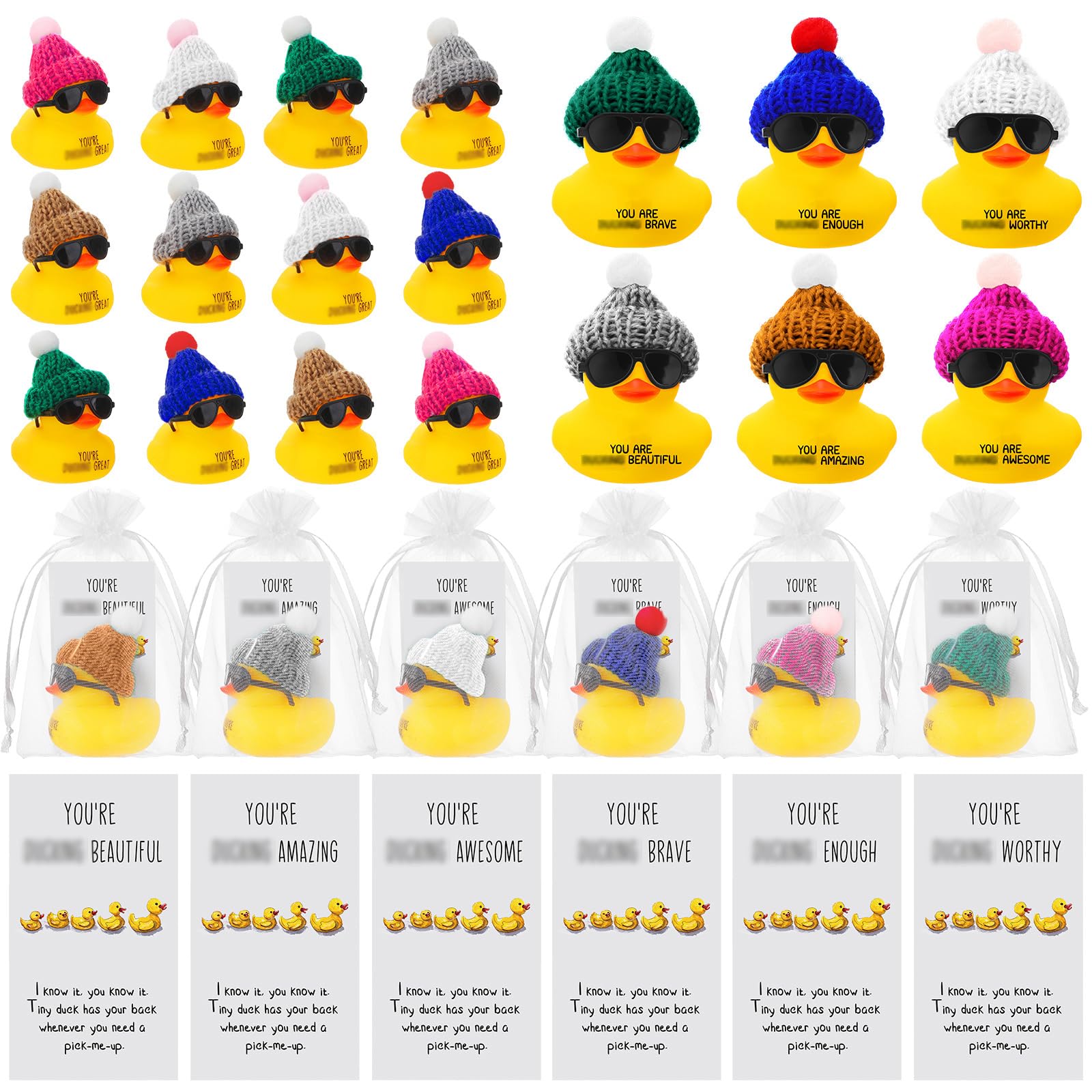 Liliful 24 Set Inspirational Mini Rubber Ducks with Glasses You Are Awesome Sign Yellow Ducks Employee Appreciation Thank You Gift with Cheer Cards