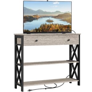 yaheetech tv stand with power outlets, entertainment center with drawer, media console table for tv up to 45 inch with open storage shelf for bedroom/living room/hallway, metal frame, grey