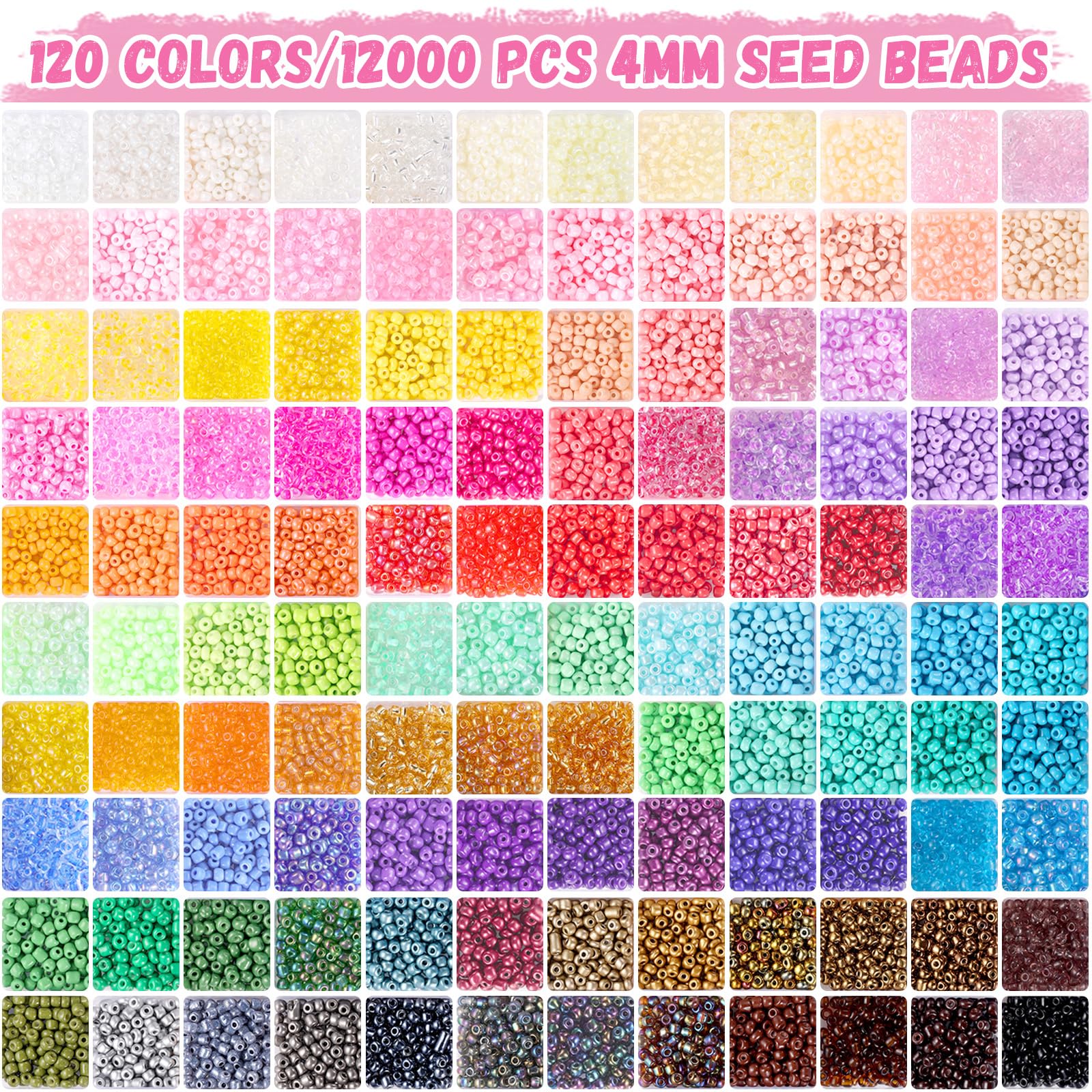 Funtopia 4mm 13000pcs+ Seed Beads for Jewelry Making, 120 Colors Small Glass Beads for Bracelets, Friendship Bracelet Kit with Alphabet Letter Beads Smile Face Beads for DIY, Art and Craft