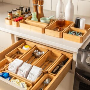 SMIRLY 5-Piece Bamboo Kitchen Drawer Organizer Set for Large and Small Utensils, Multi-use Storage Box - Bathroom, Nightstand, Jewelry, Cutlery, Knife, Spice, Towel, Junk Drawer Tray