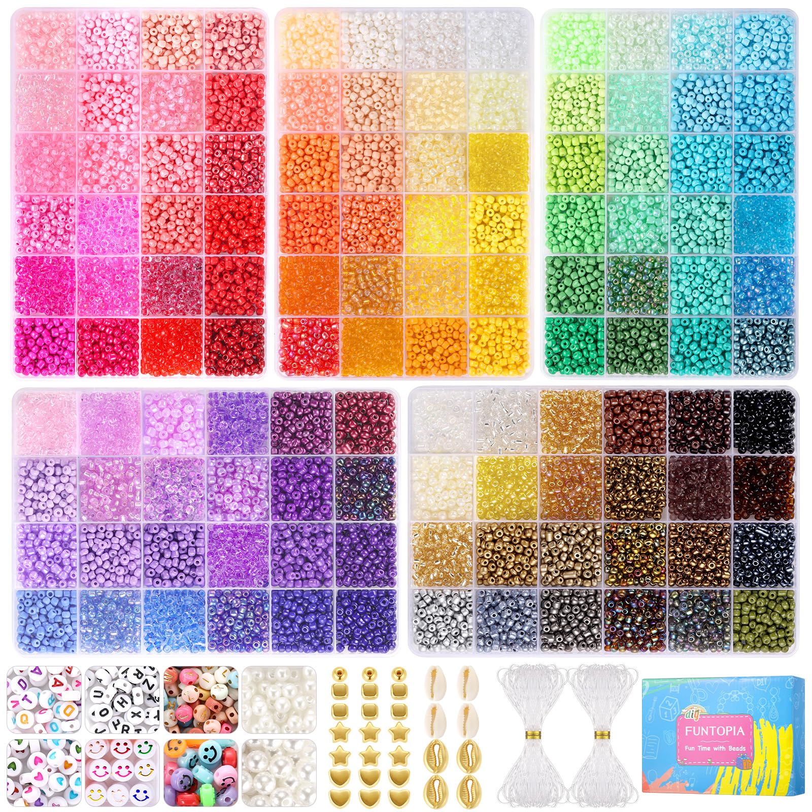 Funtopia 4mm 13000pcs+ Seed Beads for Jewelry Making, 120 Colors Small Glass Beads for Bracelets, Friendship Bracelet Kit with Alphabet Letter Beads Smile Face Beads for DIY, Art and Craft