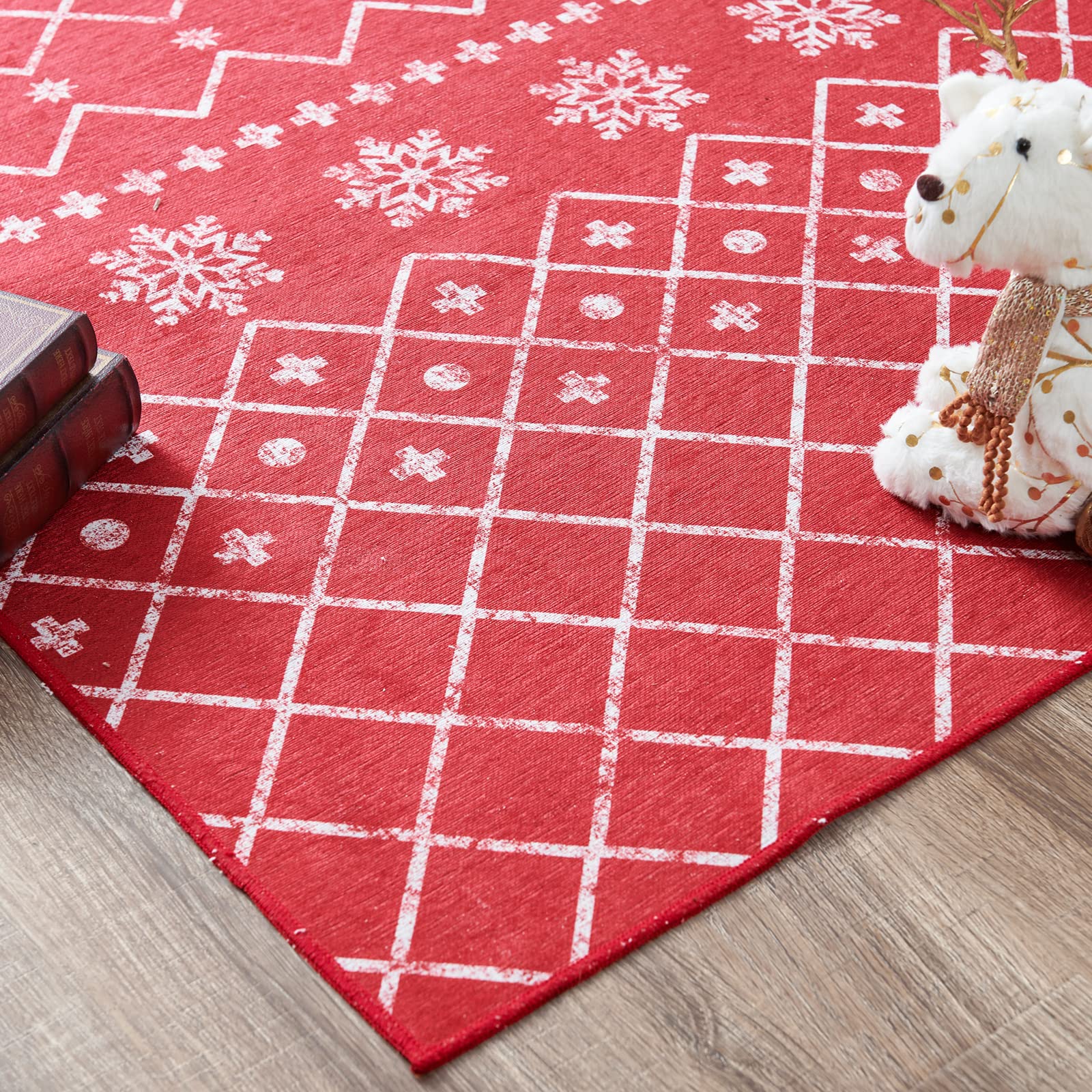 COLLACT Christmas Area Rug 4x6 Xmas Rug Modern Rug Christmas Kitchen Rugs Washable Rug Non Slip Moroccan Red Carpet Holiday Decor Geometric Soft Accent Rug for Bathroom Bedroom Dining Room Living Room