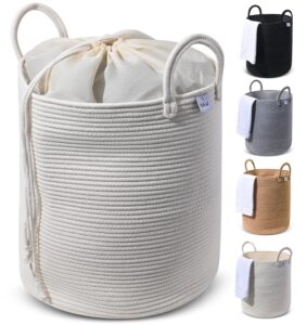 woven cotton rope basket laundry hamper with dust cover, multi-functional storage for clothes, blankets, toys, for nursery, bathroom, bedroom, dorms - collapsible, large, 14”x14”x17”, white