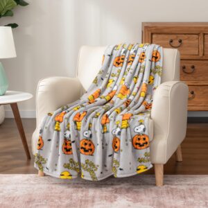 Berkshire Blanket Peanuts® VelvetLoft® Cute Character Snoopy Plush Oversized Kids Throw Blanket, Peanuts Snoopy and Woodstock Happy Halloween Spooky Chateau Grey (50in x 60in)