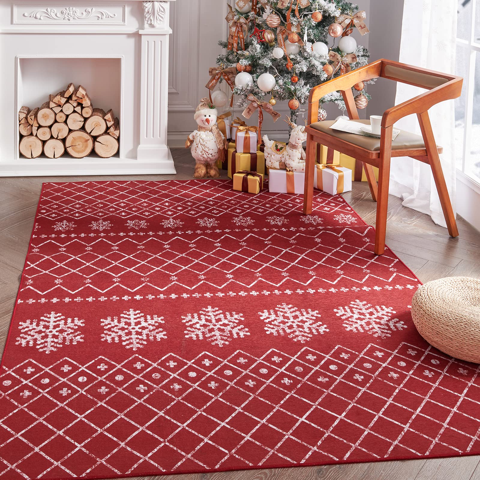 COLLACT Christmas Area Rug 4x6 Xmas Rug Modern Rug Christmas Kitchen Rugs Washable Rug Non Slip Moroccan Red Carpet Holiday Decor Geometric Soft Accent Rug for Bathroom Bedroom Dining Room Living Room