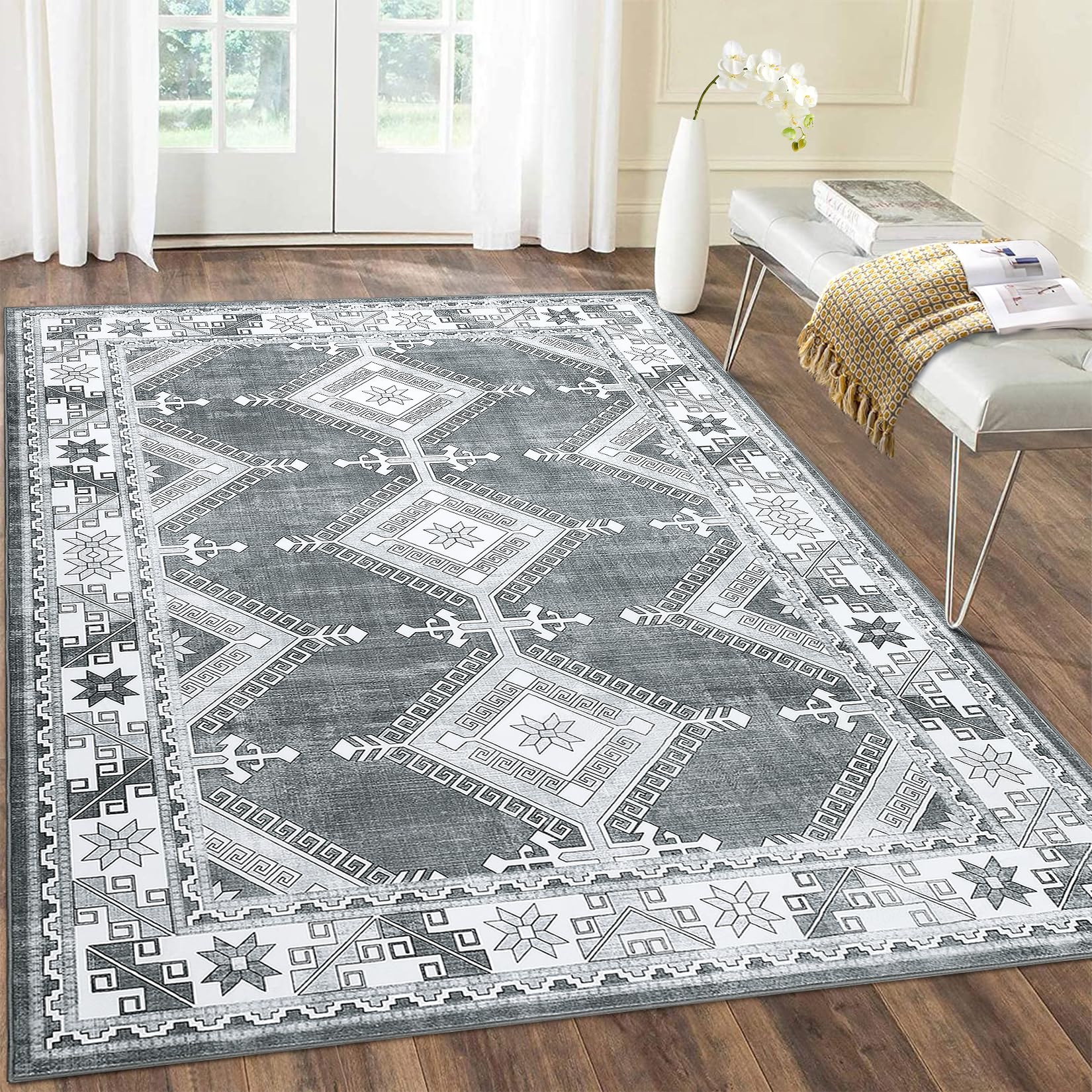 RUGSREAL Area Rug Living Room Rugs 8x10 Large Machine Washable Boho Carpets Moroccan Diamond Washable Rug Non Slip Non Shedding Low Pile Rug for Laundry Bedroom Living Room, Grey