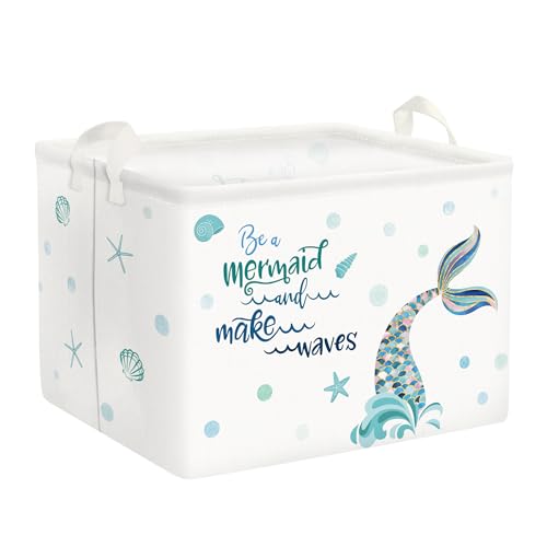 Clastyle Blue Mermaid Storage Basket for Girls Rectangle Starfish Shell Shelf Basket Clothes Books Toy Storage Cube, 36L