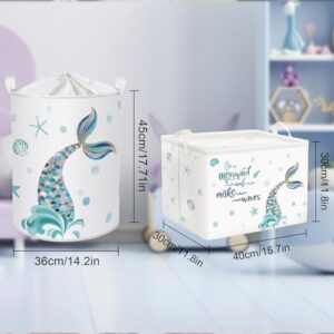 Clastyle Blue Mermaid Storage Basket for Girls Rectangle Starfish Shell Shelf Basket Clothes Books Toy Storage Cube, 36L