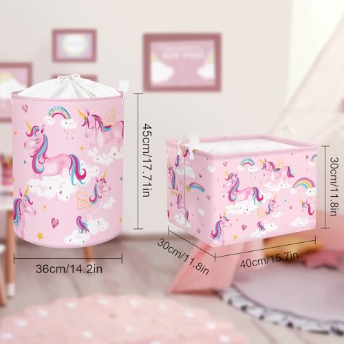 Clastyle Adorable Pink Unicorns Shelf Basket for Kid Cloud Heart Rainbow Baby Girls Gift Basket Rectangle Clothes Books Toy Storage Cube, 36L