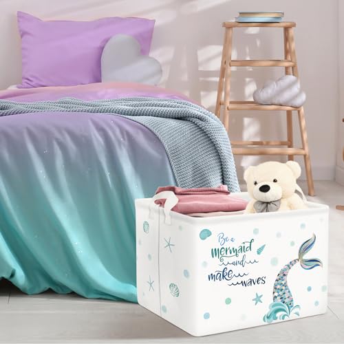 Clastyle Blue Mermaid Storage Basket for Girls Rectangle Starfish Shell Shelf Basket Clothes Books Toy Storage Cube, 36L