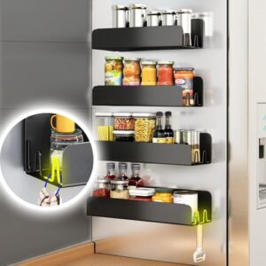 Magnetic Spice Rack for Refrigerator, Magnetic Shelf Fridge Spice Rack Organizer 2 Pack with 8 Hooks, Moveable Strong Magnetic Seasoning Organizer and Shelf for Kitchen Refrigerator Microwave