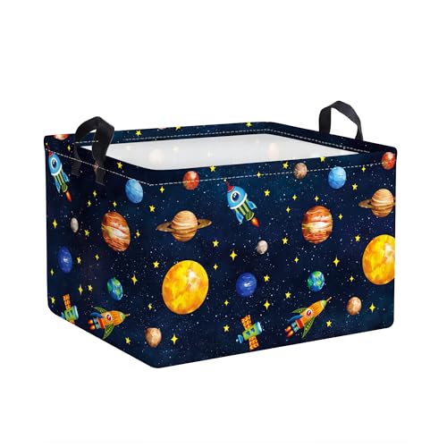 Clastyle Black Outer Space Planet Shelf Basket Cosmic Rocket Stars Toy Nursery Storage Bin Foldable Rectangle Clothes Books Storage Cube, 21 L