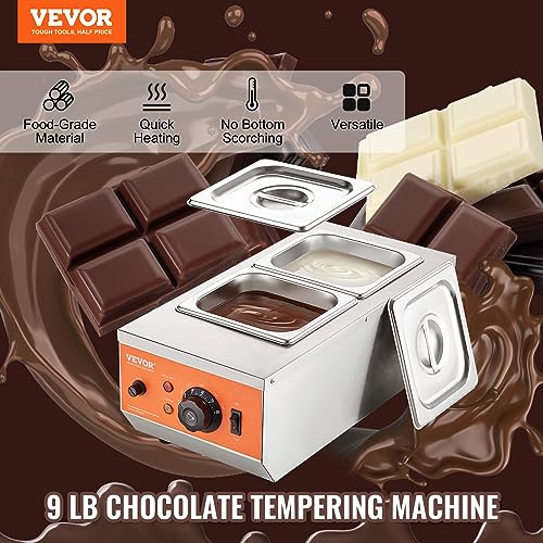 VEVOR Chocolate Tempering Machine, 9 Lbs 2 Tanks Chocolate Melting Pot with TEMP Control 86~185℉, 800W Stainless Steel Electric Commercial Food Warmer For Chocolate/Milk/Cream Melting and Heating