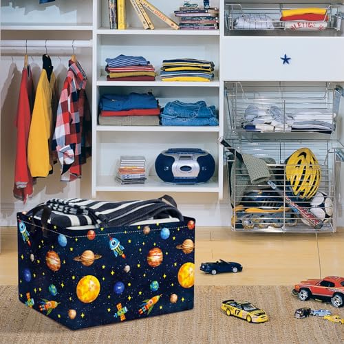 Clastyle Black Outer Space Planet Shelf Basket Cosmic Rocket Stars Toy Nursery Storage Bin Foldable Rectangle Clothes Books Storage Cube, 21 L