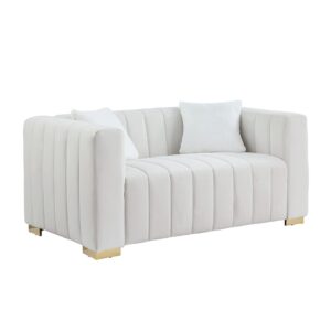 DREAMODERN 62.6'' Chesterfield Sofa Loveseat Couch for Living Room, Modern Velvet 2-seat Upholstered Sofa Couch with Pillows and Strong Gold Metal Legs for Apartment Bedroom Dorm Office - White