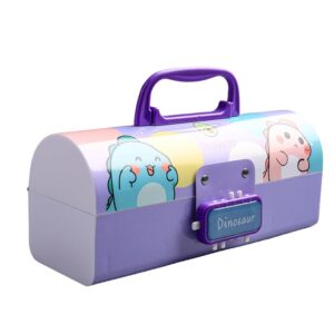 yjchct pencil case, large capacity pencil case organizer; double combination lock double layer storage box ; big pencil pouch for teen girl boy (lock purple dino)