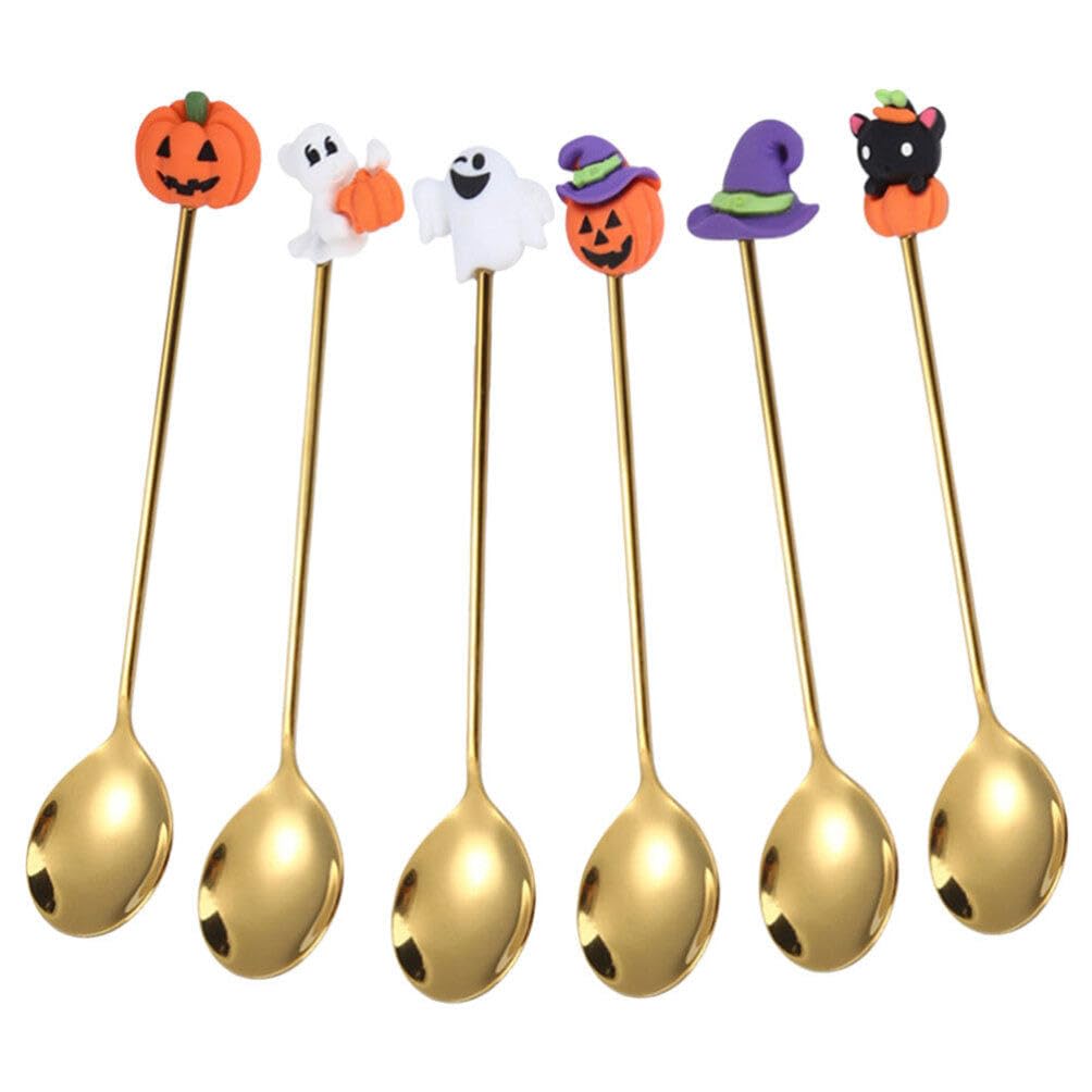 Spoons 6pcs Halloween Spoons Pumpkin Witch Hat Ghost Spoons Dessert Spoon Coffee Spoon Ice Cream Spoon Tea Spoon Mixing Spoons for Halloween Home Party Golden Serving Utensils