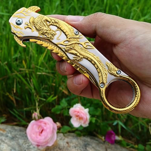 MADSMAUG Pocket Knife, 9Cr18Mo BLADE Pocket Folding Knife With Sheath, Cool 3D Dragon EDC knife, Great Gift Pocket Knife For Men Outdoor Survival Camping (Gold)