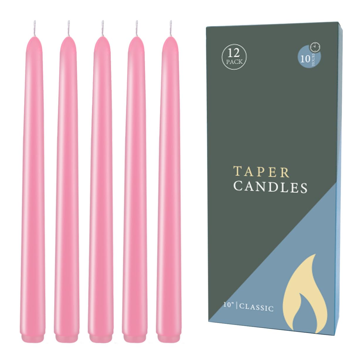 Amykite 12Pack Taper Candles - 10" Tall, Premium Unscented Dinner Candles, Burning 8 Hours, for Home Decor, Weddings, Holidays, and Parties (Pink)