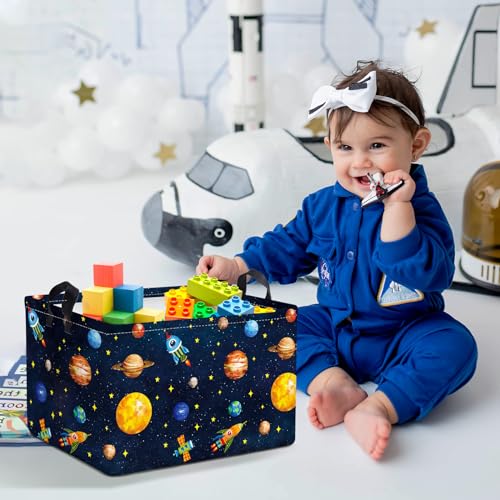 Clastyle Black Outer Space Planet Shelf Basket Cosmic Rocket Stars Toy Nursery Storage Bin Foldable Rectangle Clothes Books Storage Cube, 21 L