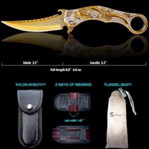 MADSMAUG Pocket Knife, 9Cr18Mo BLADE Pocket Folding Knife With Sheath, Cool 3D Dragon EDC knife, Great Gift Pocket Knife For Men Outdoor Survival Camping (Gold)