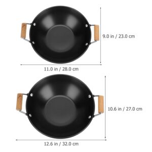 DOITOOL 2PCS Wok Pan Nonstick, Carbon Steel Flat Bottom Wok with Wooden Handles, Chinese Wok for Electric, Gas, Halogen, Restaurant Kitchen