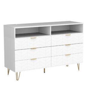 Loomie 6 Drawers Double Dresser with Power Outlet & LED Light,White Long Dresser Chests of Drawers with Storage Cubby,Wood Wide TV Dresser Stand for up to 55" for Bedroom,Hallway,Entryway